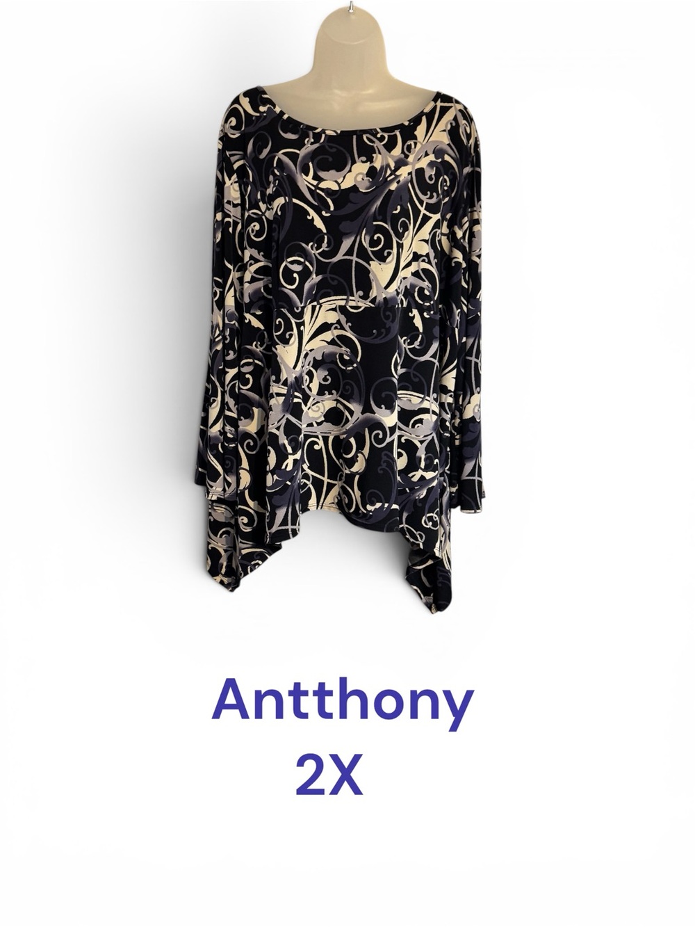 ANTTHONY BLACK PURPLE & CREAM SWIRL PRINT TUNIC TOP PLUS: 2X #Z - Picture 1 of 7